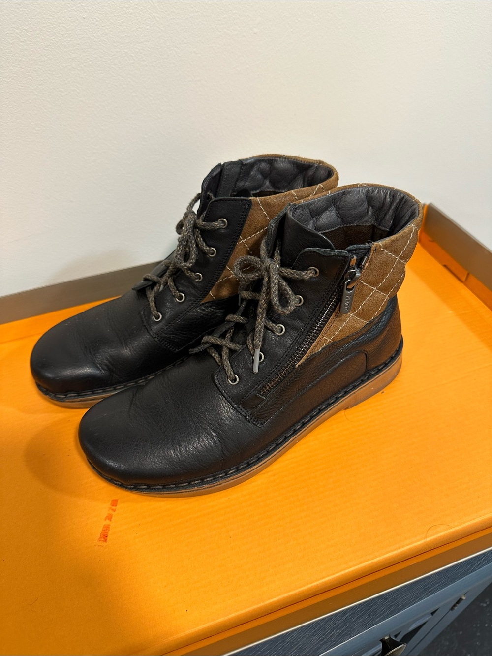Naot Black Leather Ankle Boots with Brown Quilted Collar
